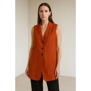 Gozzip Notched Collar Linen and Cotton Back Tie Vest Jacket in Orange L NWT